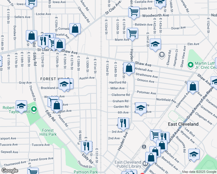 map of restaurants, bars, coffee shops, grocery stores, and more near 13401 Claiborne Road in East Cleveland