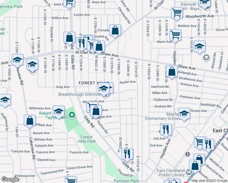 map of restaurants, bars, coffee shops, grocery stores, and more near 12627 Woodside Avenue in Cleveland