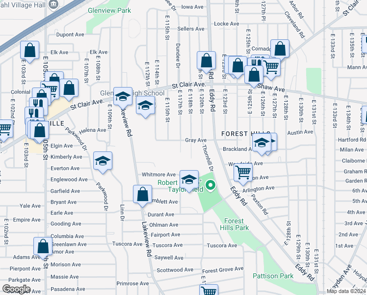 map of restaurants, bars, coffee shops, grocery stores, and more near 754 East 118th Street in Cleveland