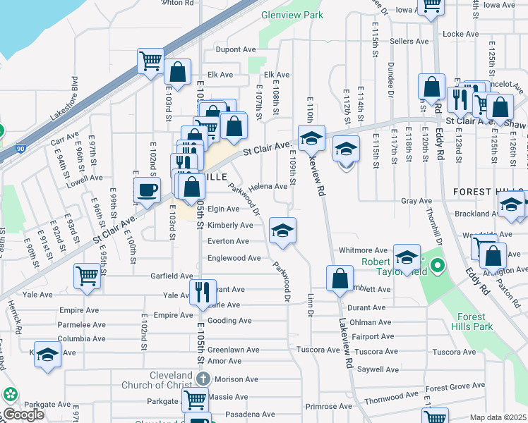 map of restaurants, bars, coffee shops, grocery stores, and more near 770 Parkwood Drive in Cleveland