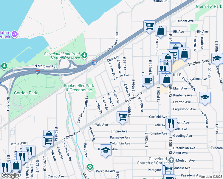 map of restaurants, bars, coffee shops, grocery stores, and more near 743 East 92nd Street in Cleveland