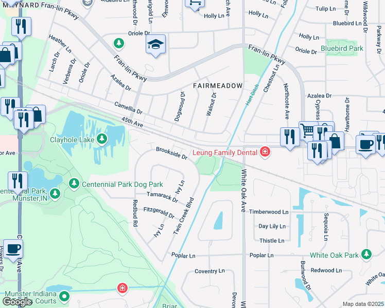 map of restaurants, bars, coffee shops, grocery stores, and more near 1410 Brookside Drive in Munster
