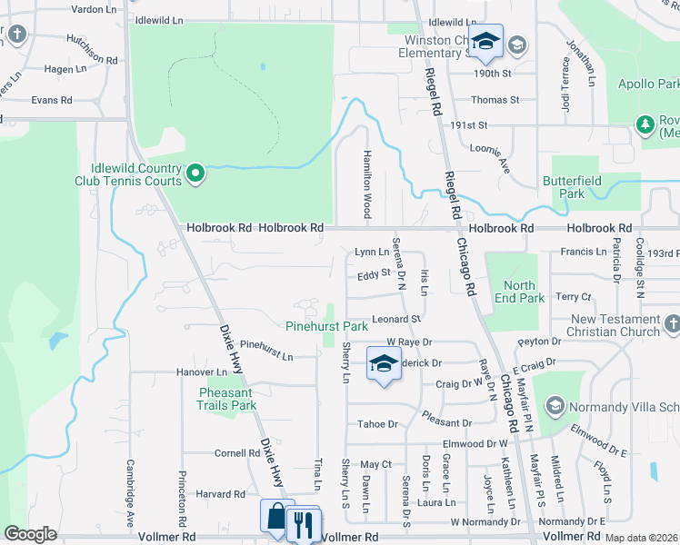 map of restaurants, bars, coffee shops, grocery stores, and more near 1421 Lynwood Court in Flossmoor