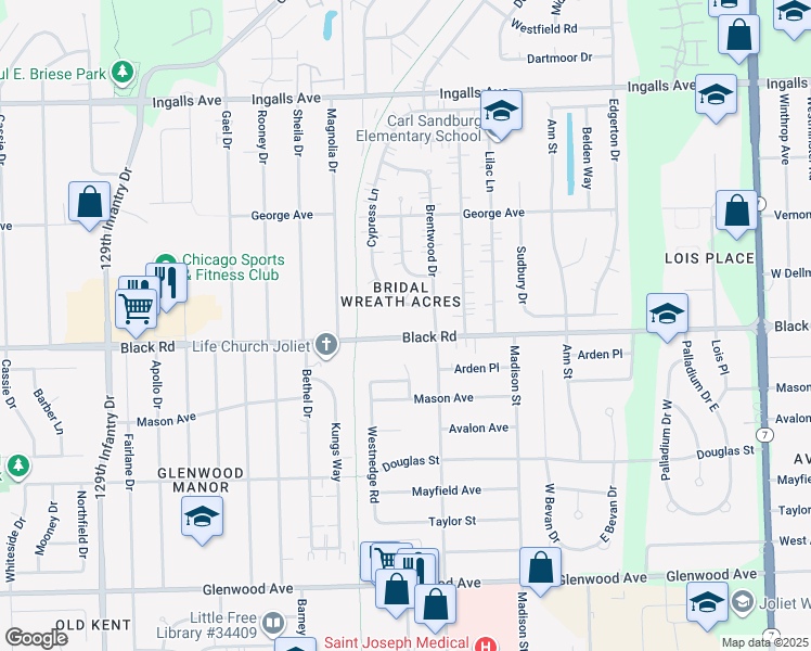 map of restaurants, bars, coffee shops, grocery stores, and more near 2320 Black Road in Joliet