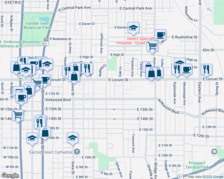 map of restaurants, bars, coffee shops, grocery stores, and more near 1712 Davenport Avenue in Davenport