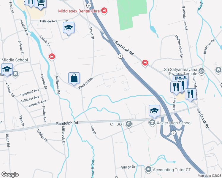map of restaurants, bars, coffee shops, grocery stores, and more near 13 Greenwich Court in Middletown