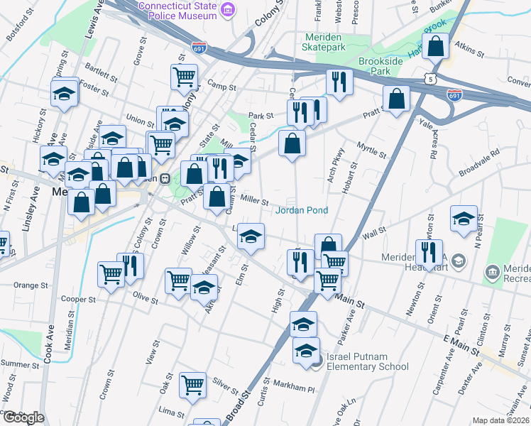 map of restaurants, bars, coffee shops, grocery stores, and more near 86 Liberty Street in Meriden