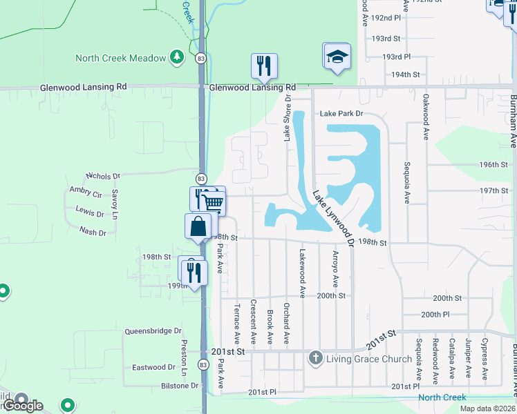 map of restaurants, bars, coffee shops, grocery stores, and more near 19725 Crescent Avenue in Lynwood