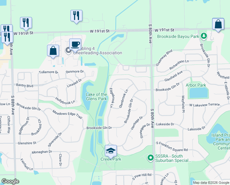 map of restaurants, bars, coffee shops, grocery stores, and more near 19500 Edgebrook Lane in Tinley Park
