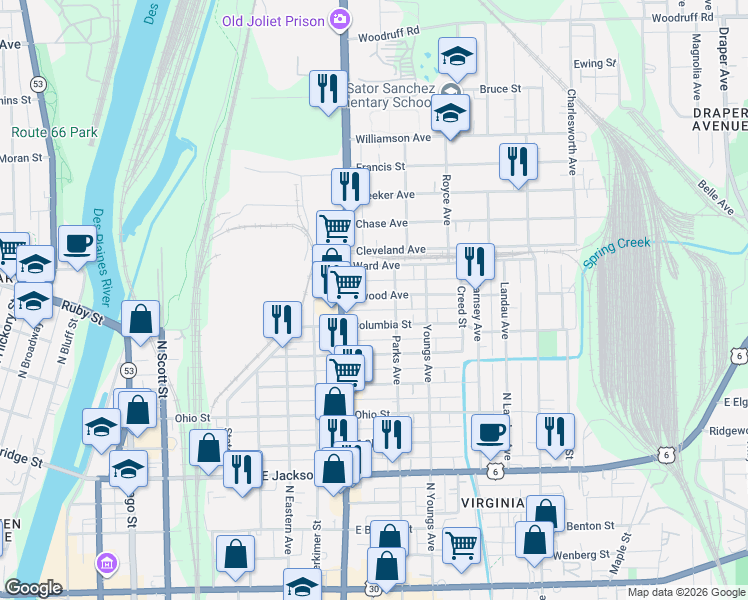 map of restaurants, bars, coffee shops, grocery stores, and more near 423 Columbia Street in Joliet