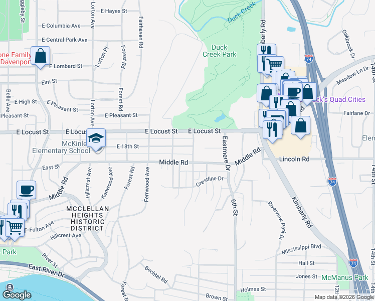 map of restaurants, bars, coffee shops, grocery stores, and more near 3026-3030 Middle Road in Davenport