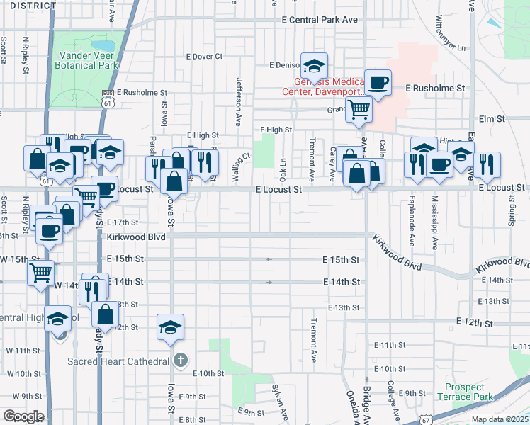 map of restaurants, bars, coffee shops, grocery stores, and more near 1712 Davenport Avenue in Davenport