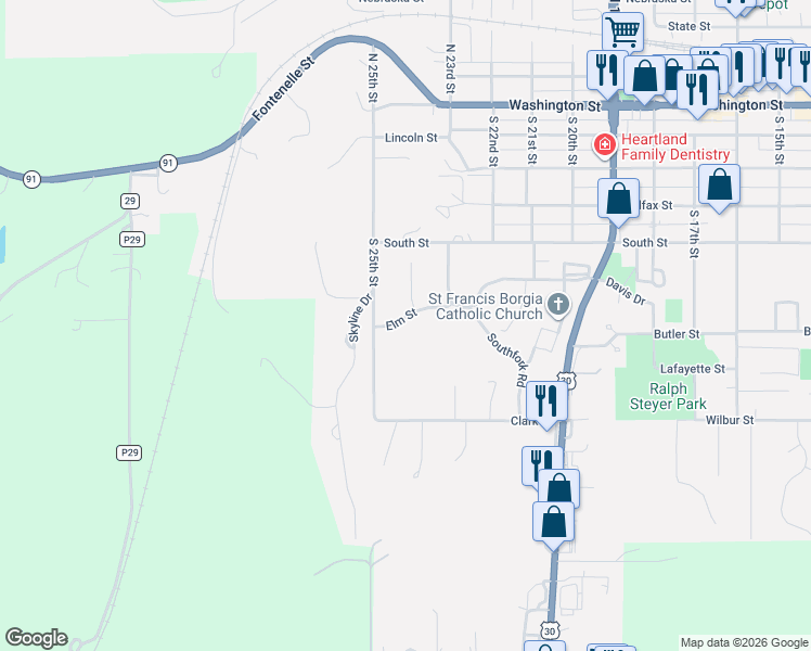 map of restaurants, bars, coffee shops, grocery stores, and more near 2445 Elm Street in Blair