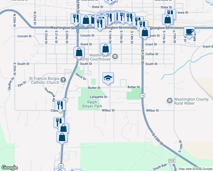 map of restaurants, bars, coffee shops, grocery stores, and more near 1616 Butler Street in Blair