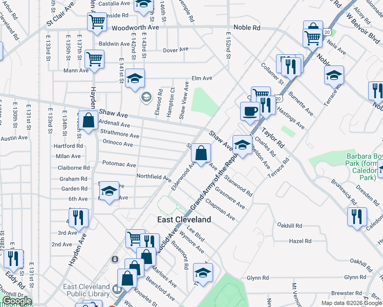 map of restaurants, bars, coffee shops, grocery stores, and more near 14925 Elderwood Avenue in East Cleveland