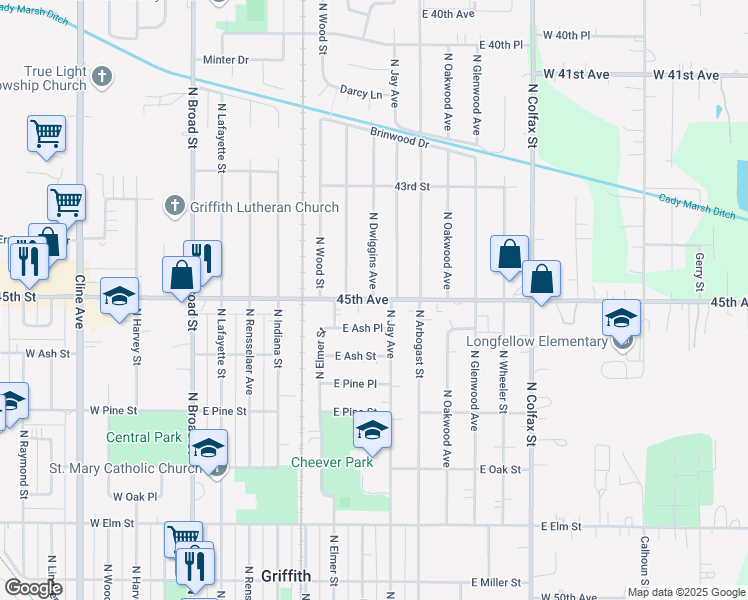 map of restaurants, bars, coffee shops, grocery stores, and more near 629 East 45th Avenue in Griffith