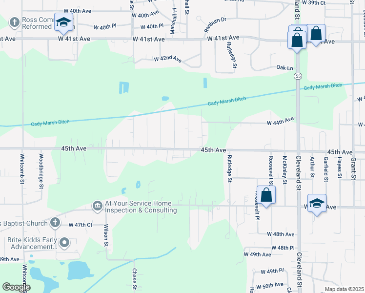 map of restaurants, bars, coffee shops, grocery stores, and more near 2710 West 45th Street in Gary
