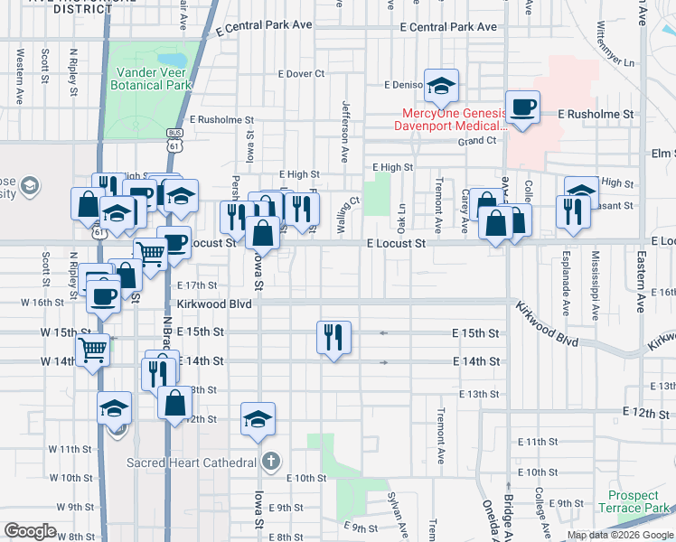map of restaurants, bars, coffee shops, grocery stores, and more near 618 Douglas Court in Davenport
