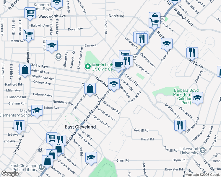 map of restaurants, bars, coffee shops, grocery stores, and more near Euclid Ave & Shaw Ave in East Cleveland