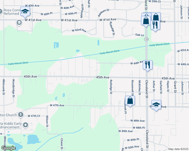 map of restaurants, bars, coffee shops, grocery stores, and more near 2600 West 45th Street in Gary