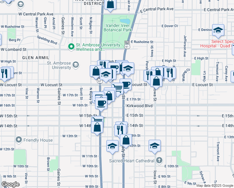 map of restaurants, bars, coffee shops, grocery stores, and more near 1800 Brady Street in Davenport