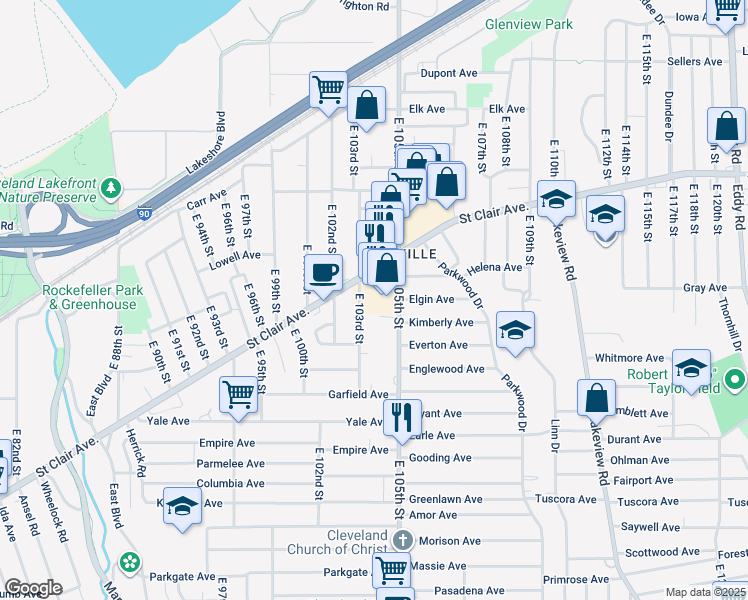 map of restaurants, bars, coffee shops, grocery stores, and more near 10320 Saint Clair Avenue in Cleveland