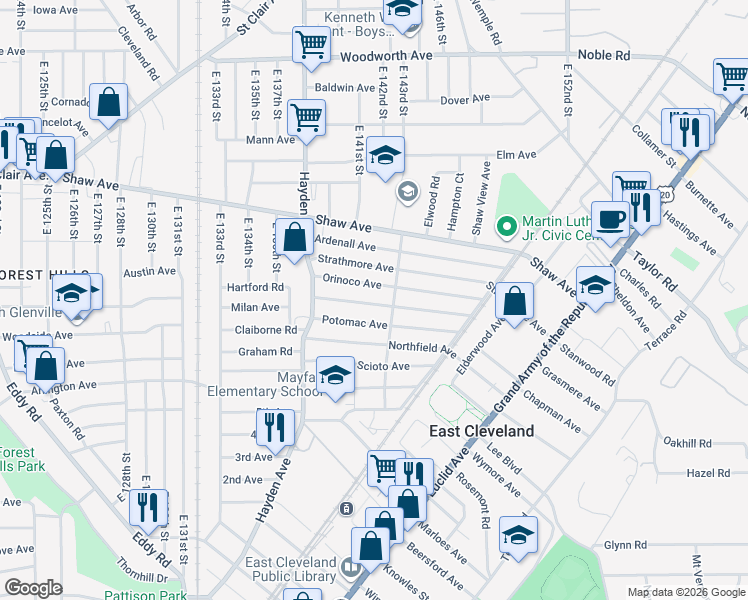 map of restaurants, bars, coffee shops, grocery stores, and more near 14205 Savannah Avenue in East Cleveland
