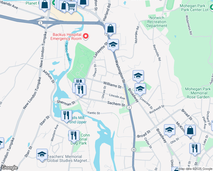 map of restaurants, bars, coffee shops, grocery stores, and more near 1 Linden Parkway in Norwich