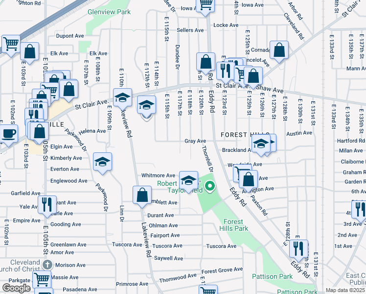 map of restaurants, bars, coffee shops, grocery stores, and more near 702 East 118th Street in Cleveland