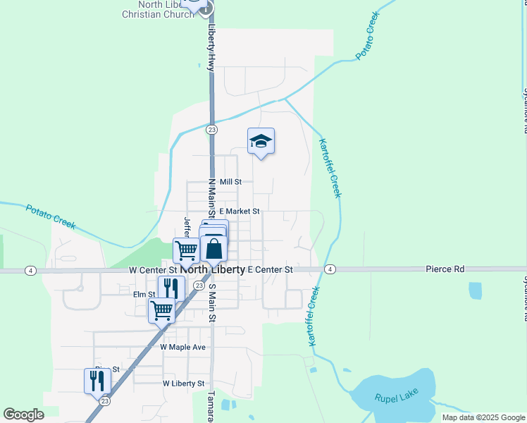 map of restaurants, bars, coffee shops, grocery stores, and more near School Dr in North Liberty