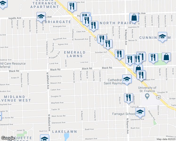 map of restaurants, bars, coffee shops, grocery stores, and more near 1103 Black Road in Joliet