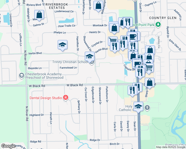 map of restaurants, bars, coffee shops, grocery stores, and more near 901 Shorewood Drive in Shorewood