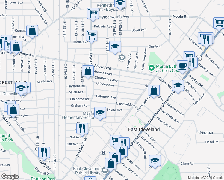 map of restaurants, bars, coffee shops, grocery stores, and more near 14209 Orinoco Avenue in East Cleveland