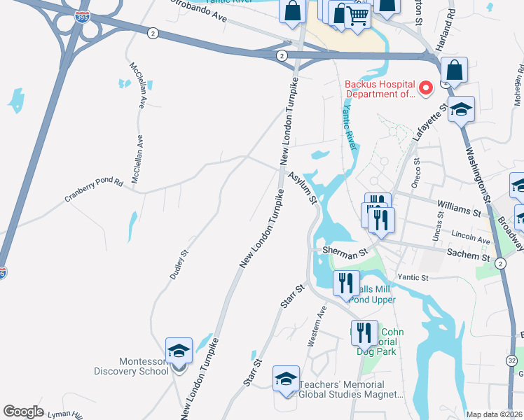 map of restaurants, bars, coffee shops, grocery stores, and more near 14 Turnpike Park in Norwich