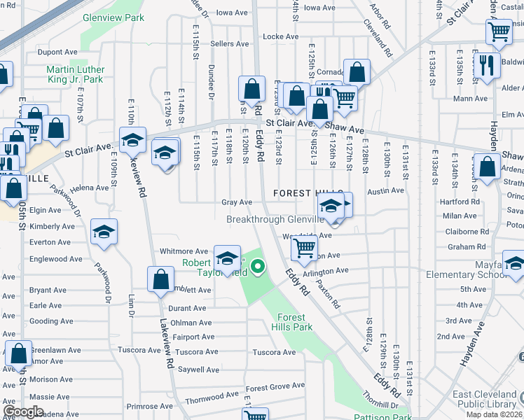 map of restaurants, bars, coffee shops, grocery stores, and more near 701 East 120th Street in Cleveland