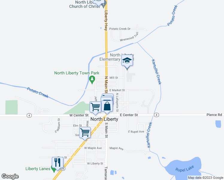map of restaurants, bars, coffee shops, grocery stores, and more near 105 East Market Street in North Liberty