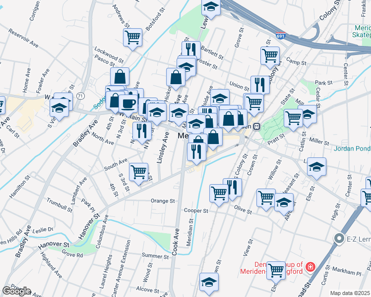 map of restaurants, bars, coffee shops, grocery stores, and more near in Meriden