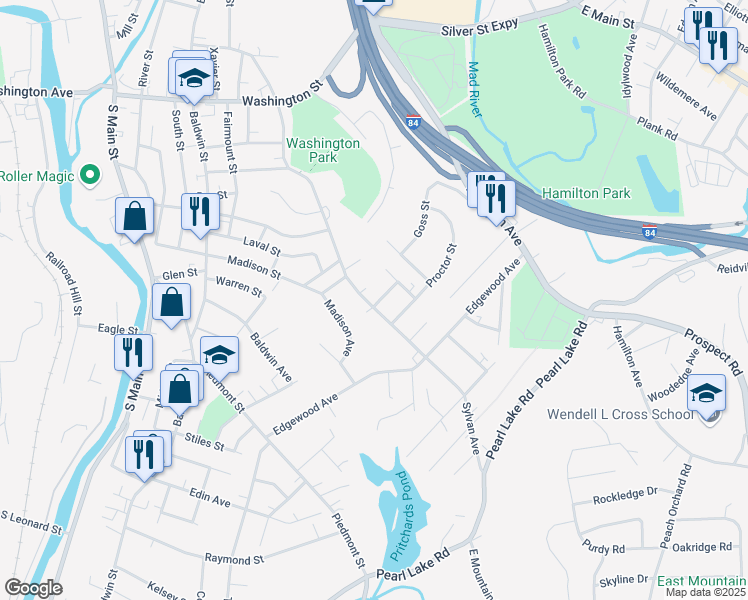 map of restaurants, bars, coffee shops, grocery stores, and more near 411 Sylvan Avenue in Waterbury