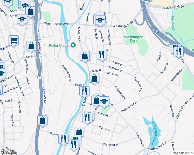 map of restaurants, bars, coffee shops, grocery stores, and more near 39 Piedmont Street in Waterbury