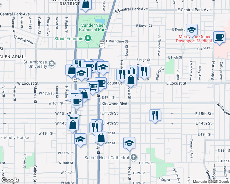 map of restaurants, bars, coffee shops, grocery stores, and more near 225 East Locust Street in Davenport