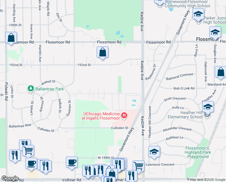 map of restaurants, bars, coffee shops, grocery stores, and more near 3340 194th Street in Homewood
