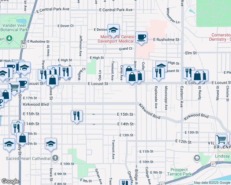 map of restaurants, bars, coffee shops, grocery stores, and more near 1014 Arlington Court in Davenport