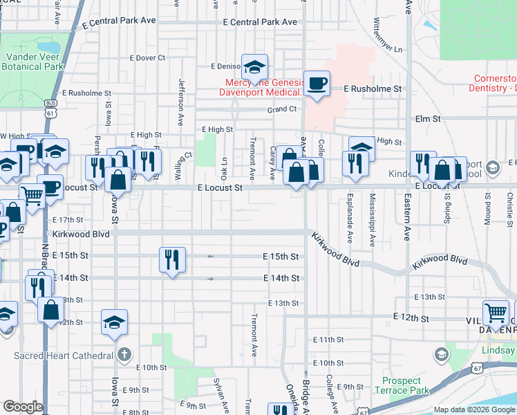 map of restaurants, bars, coffee shops, grocery stores, and more near 1011 East Locust Street in Davenport