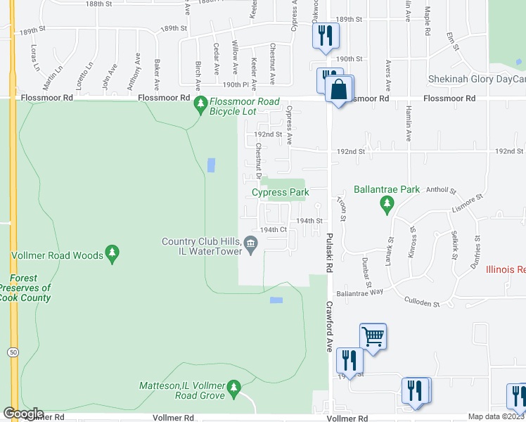 map of restaurants, bars, coffee shops, grocery stores, and more near 19311 Chestnut Drive in Country Club Hills
