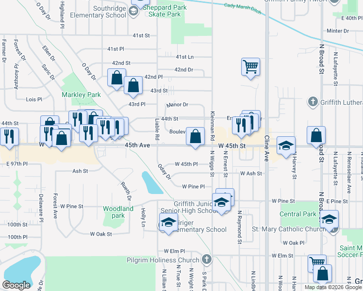 map of restaurants, bars, coffee shops, grocery stores, and more near 3708 Boulevard Drive in Highland
