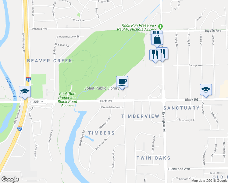 map of restaurants, bars, coffee shops, grocery stores, and more near 3457 Black Road in Joliet