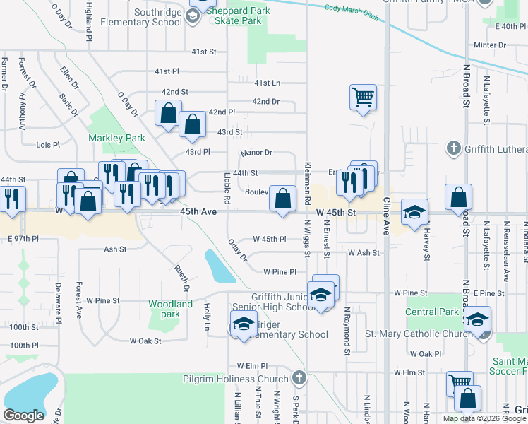 map of restaurants, bars, coffee shops, grocery stores, and more near 3708 Boulevard Drive in Highland