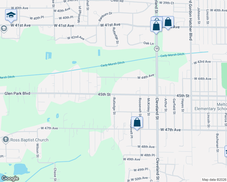 map of restaurants, bars, coffee shops, grocery stores, and more near 2345 West 45th Avenue in Gary