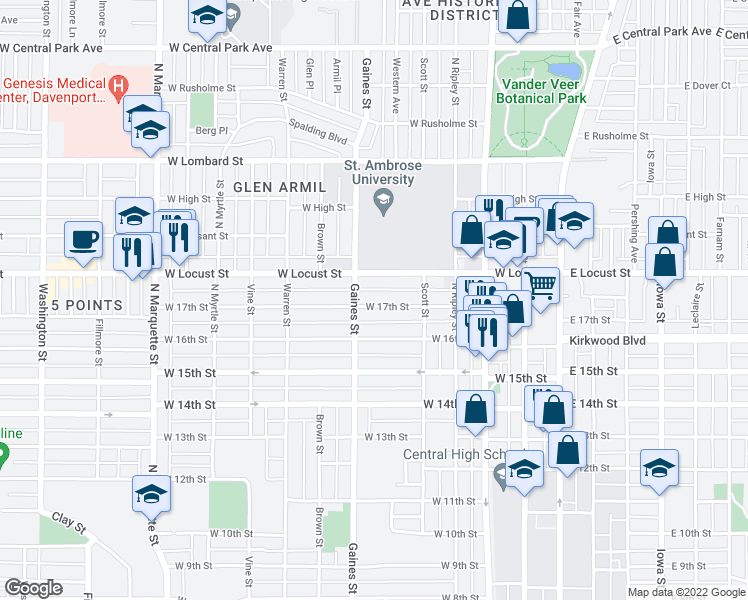 map of restaurants, bars, coffee shops, grocery stores, and more near 616 West 17th Street in Davenport