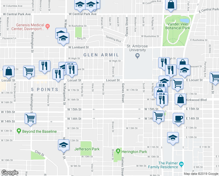 map of restaurants, bars, coffee shops, grocery stores, and more near 808 West 17th Street in Davenport